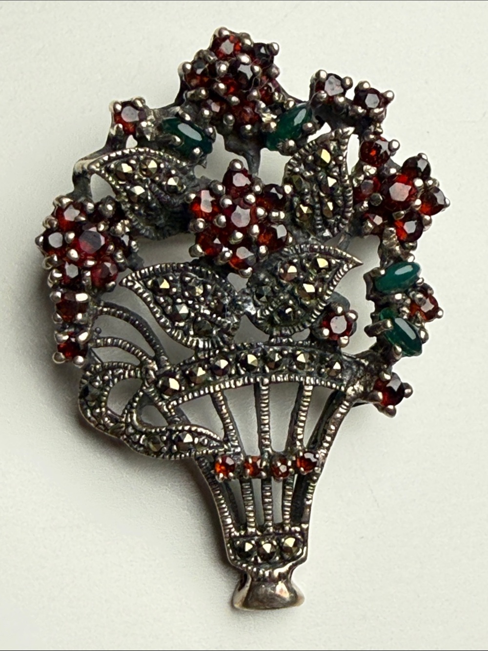 Vintage Red Garnet & Green Accent Floral Brooch STERLING Brooch pin fruit salad